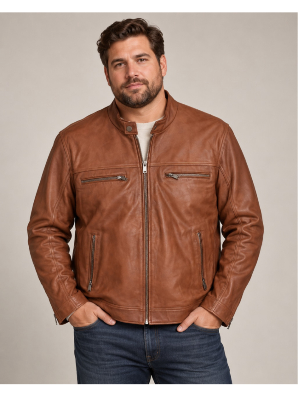 Ron Tomson Cognac Nappa Lambskin Leather Cafe Racer Jacket Men’s Large